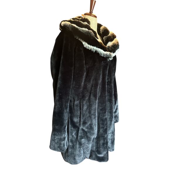 Dennis by Dennis Basso Black Faux Fur Coat | Removable Hood & Collar  | Size L - Picture 2 of 10